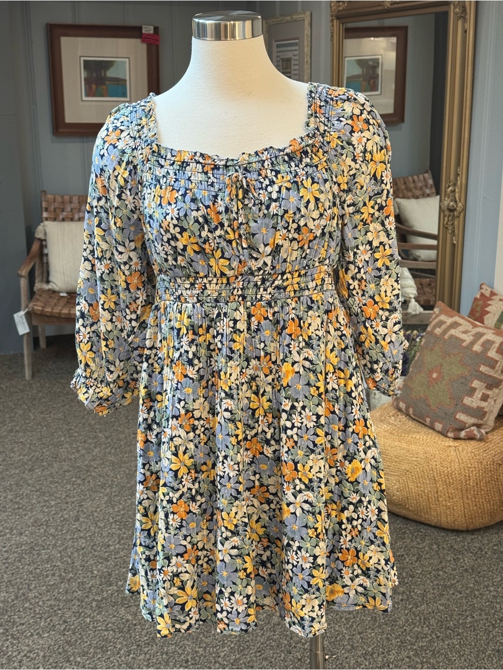 American Eagle Floral Smocked Waist Dress - Yellow & Blue